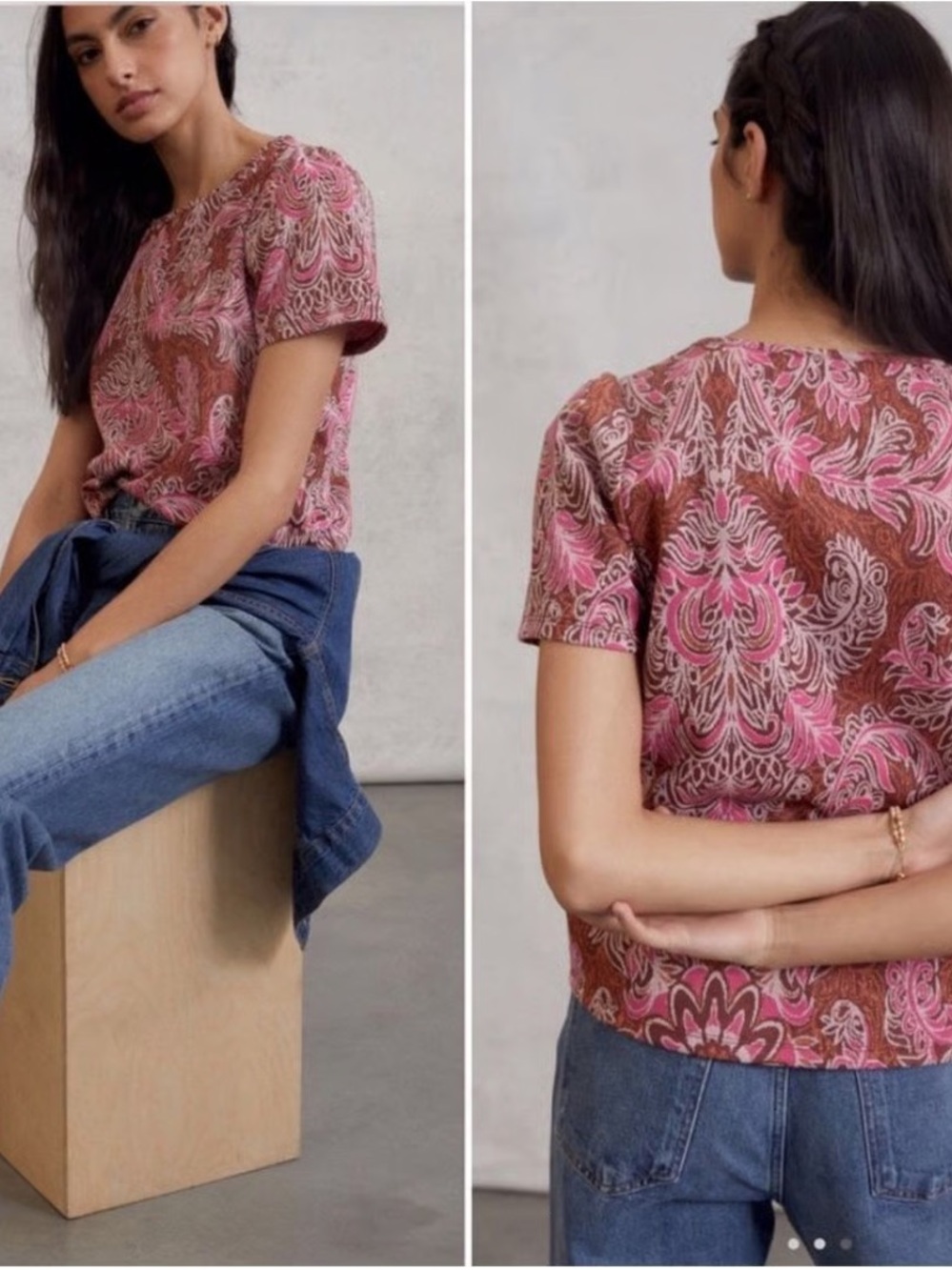 by Anthropologie Demeter Metallic Paisley Knit Jersey Shirt Pink Gold Size M
